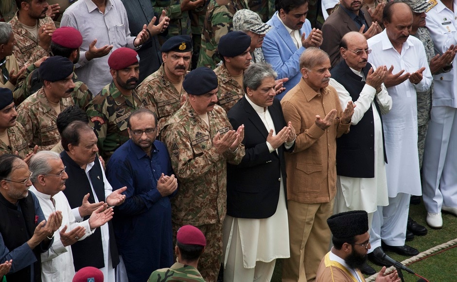 Pakistan's army chief Gen. Raheel Sharif, fifth from right in front row, attended the funeral of Edhi. Pakistan's top civilian and army leadership offered funeral prayers at the stadium, as the country mourned the loss of a man commonly known as the Pakistan's army chief Gen. Raheel Sharif, fifth from right in front row, attended the funeral of Edhi. Pakistan's top civilian and army leadership offered funeral prayers at the stadium, as the country mourned the loss of a man commonly known as the
