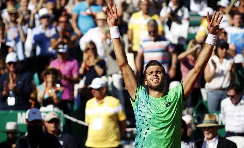 Czech Republic's Jiri Vesely exhults after pulling off a shock of a lifetime and beating Novak Djokovic. AFP
