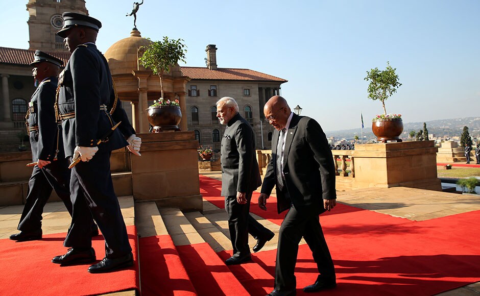 Prime Minister Narendra Modi was welcomed by South Africa's President Zuma during his state visit at the Union Buildings in Pretoria. Reuters Prime Minister Narendra Modi was welcomed by South Africa's President Zuma during his state visit at the Union Buildings in Pretoria. Reuters