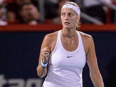 Petra Kvitova celebrates winning against Magda Linette at the Rogers Cup. Getty