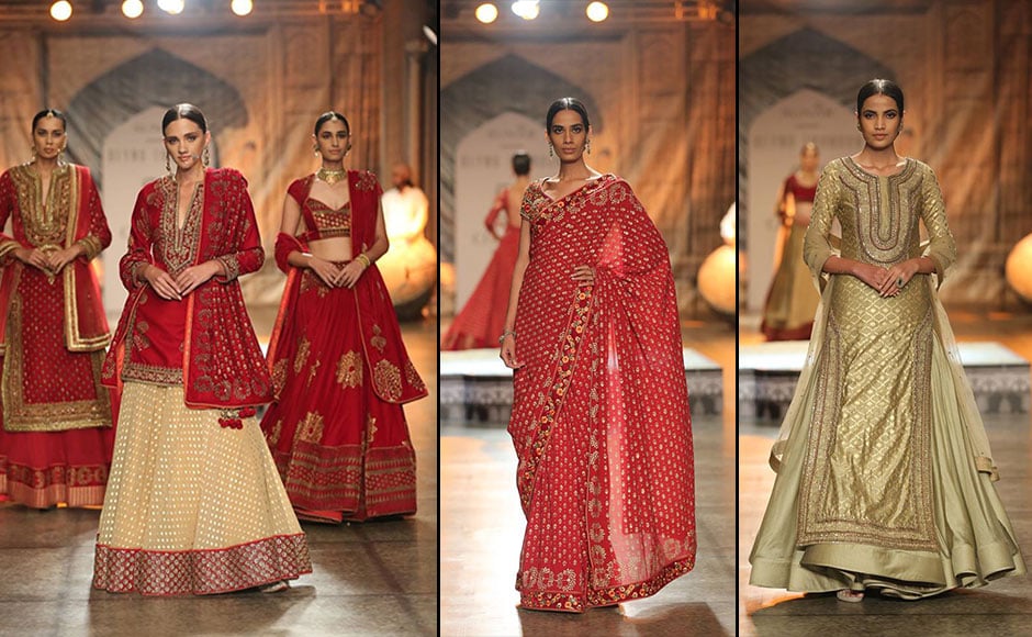 Models sashayed down the ramp showcasing exquisite lehengas, extravagant anarkalis and saris, in an array of bright and beautiful colours such as orange, red, gold and green. Facebook/ Fashion Design Council of India Models sashayed down the ramp showcasing exquisite lehengas, extravagant anarkalis and saris, in an array of bright and beautiful colours such as orange, red, gold and green. Facebook/ Fashion Design Council of India