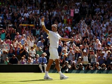 Roger Federer celebrates victory against Marin Cilic at Wimbledon. Getty