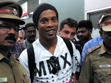 Brazilian fottballer Ronaldinho arrives in Chennai for Premier Futsal. AFP