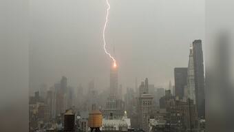 Lightening bolt strikes Empire State Building during a storm in New York