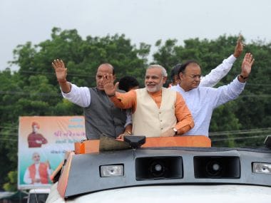 PM Narendra Modi flanked by Home Minister Rajnath Singh and Finance Minister Arun Jaitley. AFP