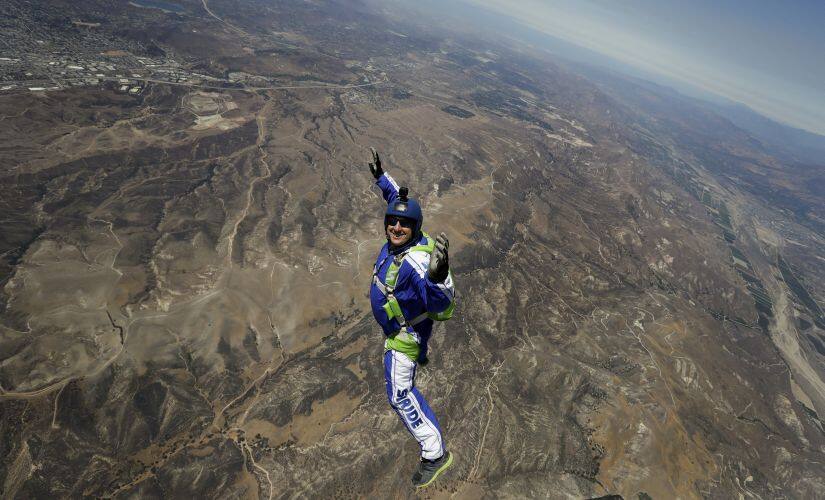 A file photo of skydiver Luke Aikins as he jumps from a helicopter during his training in Simi Valley, California. AP