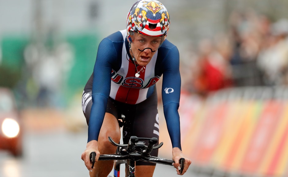 Armstrong crossed the finish line first while bleeding from her nose. AP Armstrong crossed the finish line first while bleeding from her nose. AP