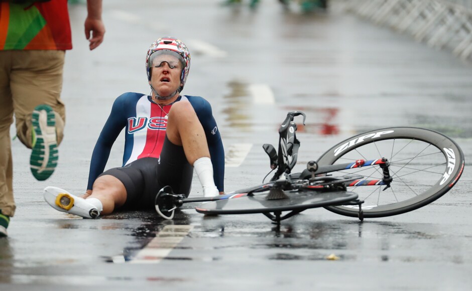 Once she had crossed the finish line, Armstrong fell from her cycle and medicals raced to help the cyclist who was still suffering a nose bleed. Armstrong, one day shy of her 43rd birthday, joined speedskater Bonnie Blair as the only American women to win three gold medals in the same event at any Olympics. Once she had crossed the finish line, Armstrong fell from her cycle and medicals raced to help the cyclist who was still suffering a nose bleed. Armstrong, one day shy of her 43rd birthday, joined speedskater Bonnie Blair as the only American women to win three gold medals in the same event at any Olympics.