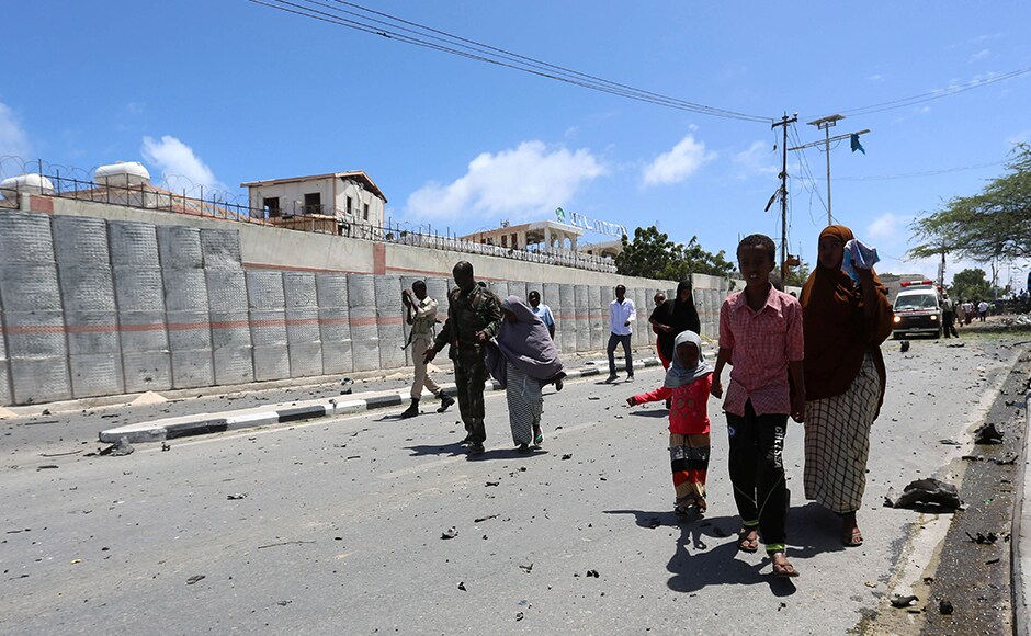 Somali security forces escort civilians following the bombing. 31 people got injured, which included some Cabinet ministers at the SYL hotel. The injured were taken to Mogadishu's Madina Hospital. Somali security forces escort civilians following the bombing. 31 people got injured, which included some Cabinet ministers at the SYL hotel. The injured were taken to Mogadishu's Madina Hospital.