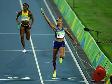 Allyson Felix of the US reacts after winning gold during the women’s 4 x 400 metre relay. Getty Images