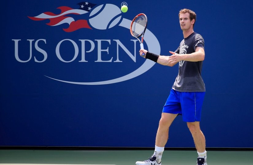 Andy Murray hits a shot during a practice session prior to the start of the 2016 US Open. Getty