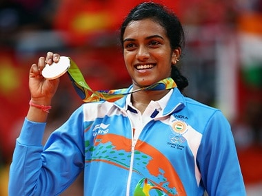 RIO DE JANEIRO, BRAZIL - AUGUST 19: Silver medalist V. Sindhu Pusarla of India celebrates during the medal ceremony after the Women's Singles Badminton competition on Day 14 of the Rio 2016 Olympic Games at Riocentro - Pavilion 4 on August 19, 2016 in Rio de Janeiro, Brazil. (Photo by Clive Brunskill/Getty Images)