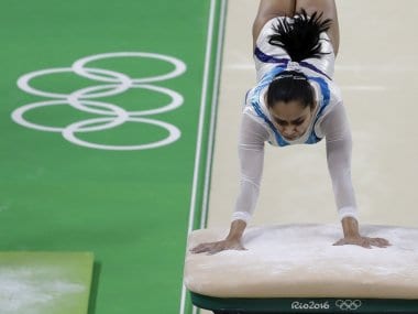 Dipa Karmakar trains on the vault ahead of the Rio Olympics. AP