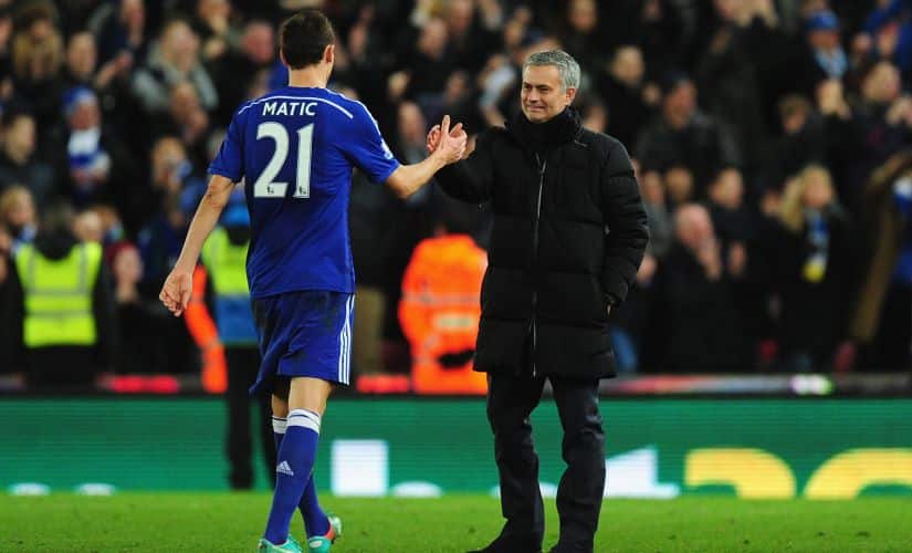 Nemanja Matic congratulated by Jose Mourinho. Getty