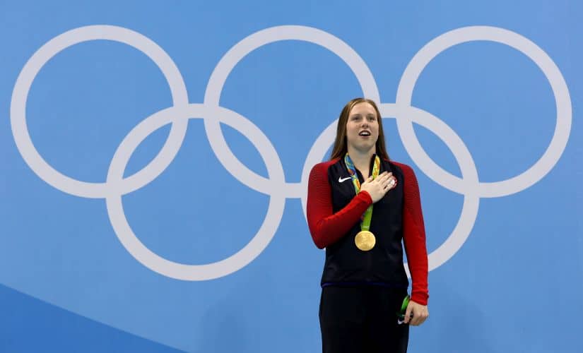 Lilly King poses during the medal ceremony. Getty