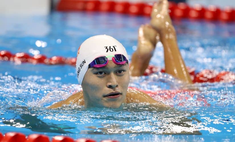 Yang Sun celebrates winning gold in the Men's 200m Freestyle Final. Getty