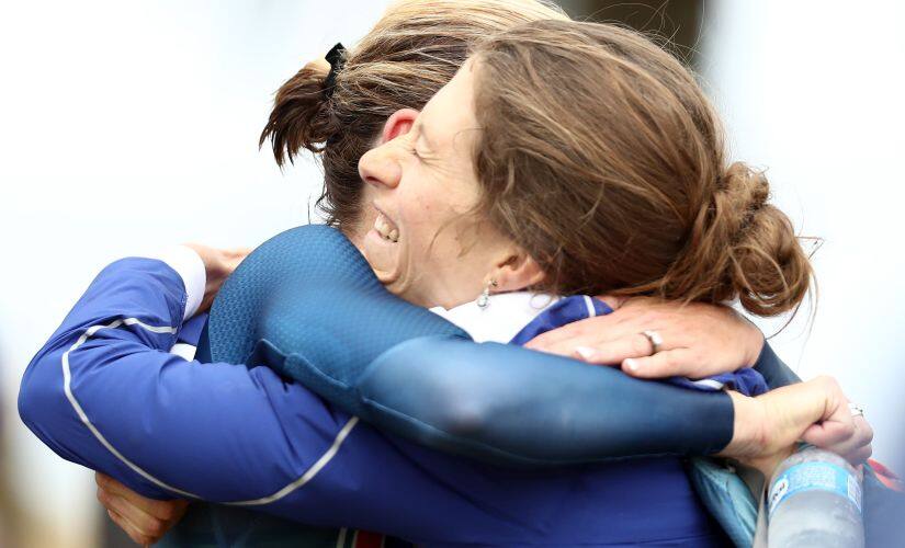 Kristin Armstrong is congratulated by Mara Abbott after winning the gold medal. Getty