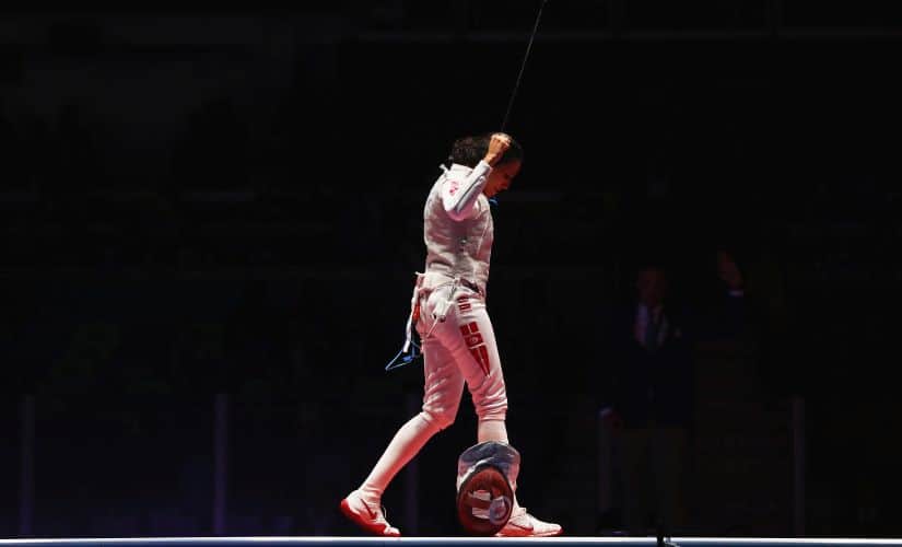 Ines Boubakri celebrates victory over Aida Shanaeva. Getty