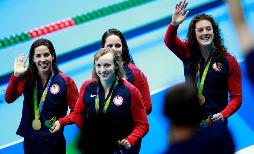 Gold medalists Allison Schmitt, Leah Smith, Maya Dirado and Katie Ledecky of the United States. Getty