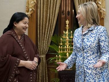  J. Jayalalithaa meets Hillary Clinton at the Fort St. George Complex in Chennai on 20 July, 2011. AFP
