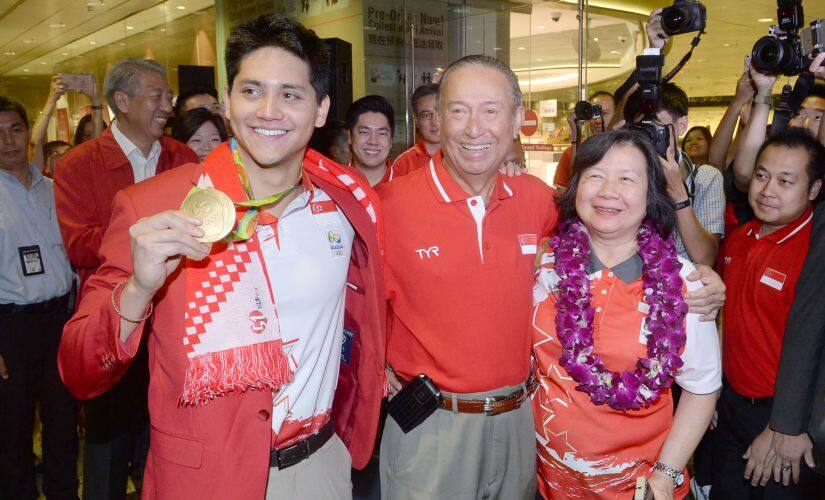 File image of Singapore’s Joseph Schooling posing with his Rio Olympics gold medal after reaching home. AFP 