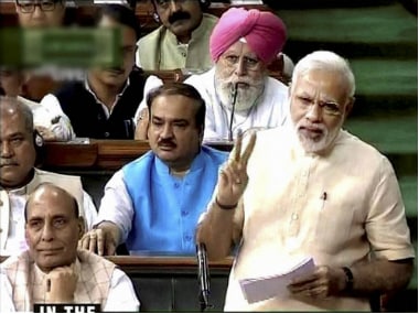 A file image of Prime Minister Narendra Modi speaking in Lok Sabha on GST Bill. PTI