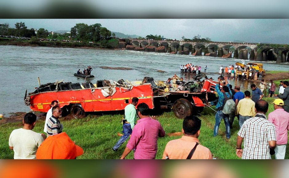 In a tragic incident on 2 August, two State Transport buses and some other vehicles fell in the Savitri river after a bridge near Mahad caved in due to heavy rainfall. Wreckage of drowned Jaigad-Mumbai buses was located by Navy divers Thursday. PTI In a tragic incident on 2 August, two State Transport buses and some other vehicles fell in the Savitri river after a bridge near Mahad caved in due to heavy rainfall. Wreckage of drowned Jaigad-Mumbai buses was located by Navy divers Thursday. PTI