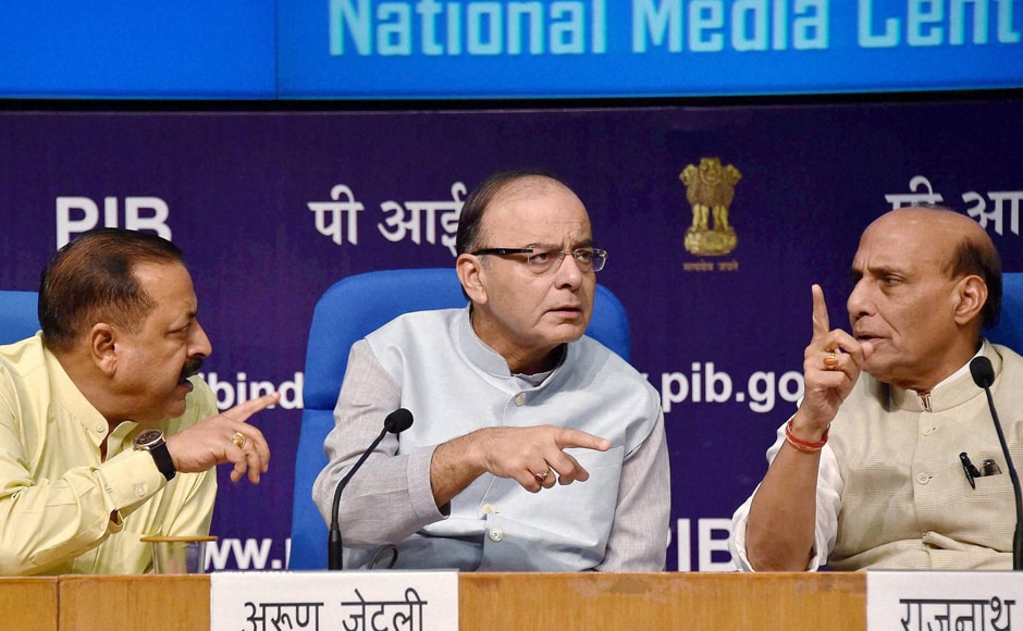 Finance Minister Arun Jaitley (centre), Home Minister Rajnath Singh (right) and Minister of State Jitendra Singh address a press conference after the all-party meet. The government talked tough on the Pakistani interference in Indian-administered Kashmir by needling the neighbouring state on the Balochistan issue. PTI Finance Minister Arun Jaitley (centre), Home Minister Rajnath Singh (right) and Minister of State Jitendra Singh address a press conference after the all-party meet. The government talked tough on the Pakistani interference in Indian-administered Kashmir by needling the neighbouring state on the Balochistan issue. PTI