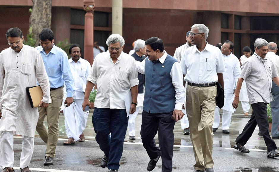 CPM General Secretary Sitaram Yechruy, CPI National Secretary D Raja, Defence Minister Manohar Parrikar leave after the all-party meet convened by Prime MInister Modi to discuss the situatiion in Kashmir Valley. PM Modi had said the government is committed to restoring normalcy in the Valley. PTI CPM General Secretary Sitaram Yechruy, CPI National Secretary D Raja, Defence Minister Manohar Parrikar leave after the all-party meet convened by Prime MInister Modi to discuss the situatiion in Kashmir Valley. PM Modi had said the government is committed to restoring normalcy in the Valley. PTI