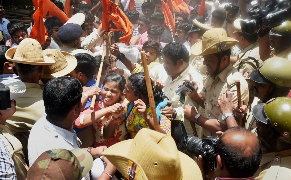 Several ABVP activists were injured, with a girl student fainting in the commotion before she was rushed to a hospital, police said, adding they detained many activists during the crackdown on the protest. (Photo: PTI) Several ABVP activists were injured, with a girl student fainting in the commotion before she was rushed to a hospital, police said, adding they detained many activists during the crackdown on the protest. (Photo: PTI)