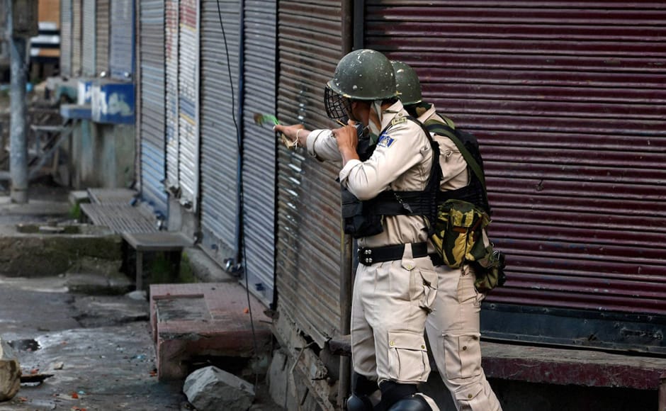 A jawan uses a sling shot to chase away protesters during the clash in Srinagar. Groups of miscreants pelted stones on security forces at Chattabal, Kani Kadal, Khanyar and Batamaloo areas of Srinagar. PTI A jawan uses a sling shot to chase away protesters during the clash in Srinagar. Groups of miscreants pelted stones on security forces at Chattabal, Kani Kadal, Khanyar and Batamaloo areas of Srinagar. PTI