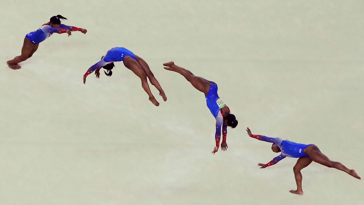 In this multiple exposure frame, United States' Simone Biles performs on the floor during the artistic gymnastics women's apparatus final at the 2016 Summer Olympics in Rio de Janeiro, Brazil, Tuesday, Aug. 16, 2016. (AP Photo/Julio Cortez)