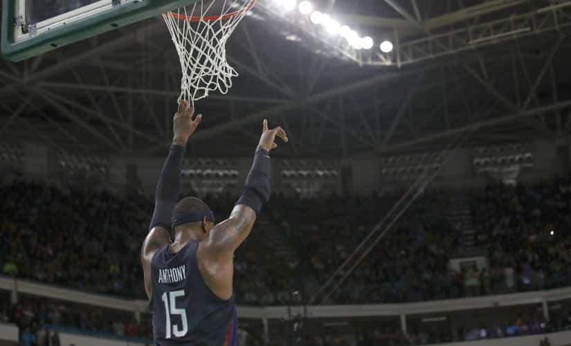 Carmelo Anthony gestures near the end of the game against Australia. Reuters