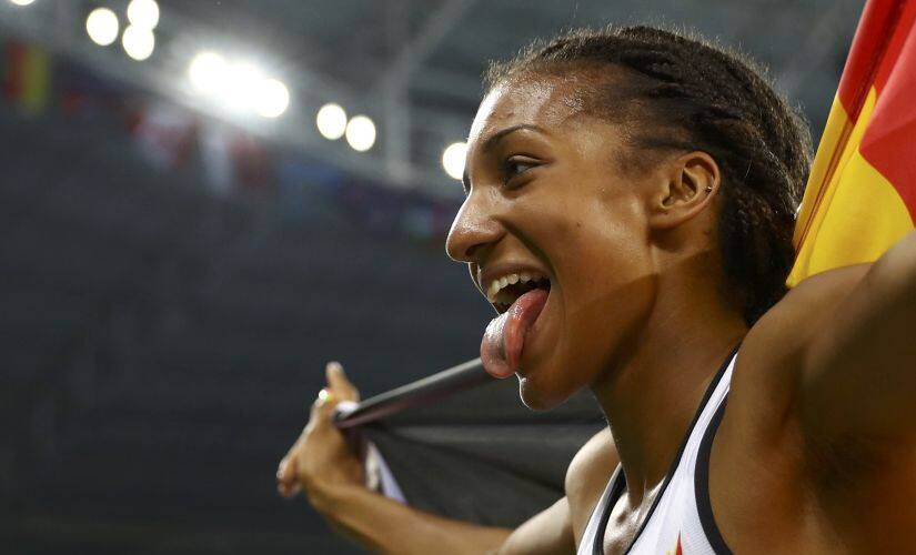 Nafissatou Thiam celebrates winning the gold medal. Reuters