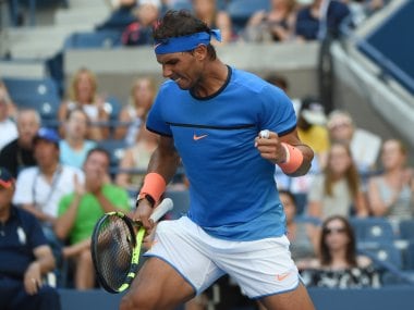 Rafael Nadal reacts after winning his first round at the US Open. AFP