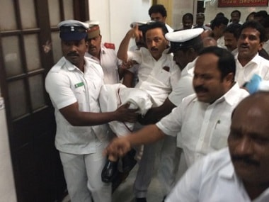 DMK leader MK Stalin being carried out of the Tamil Nadu Assembly. Photo courtesy: Twitter/ANI