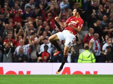 Zlatan Ibrahimovic celebrates scoring a goal for Manchester United. Getty