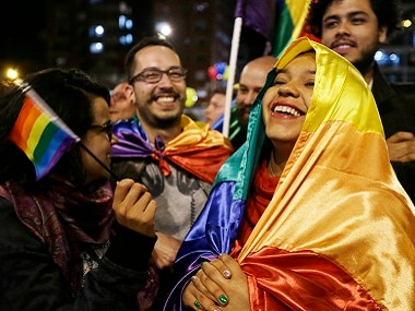People celebrate in a park as they listen to the announcement from Havana, Cuba, that delegates of Colombia's government and leaders of the Revolutionary Armed Forces of Colombia reached a peace accord to end their half-century civil war. AP