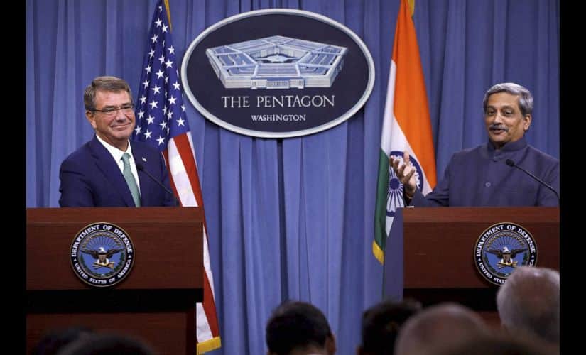 Indian Defence Manohar Parrikar and US Defence Secretary Ashton Carter during a joint conference at the Pentagon on Monday. PTI