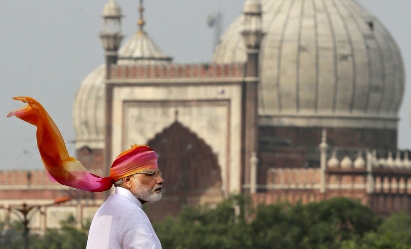 Indian Prime Minister Narendra Modi addresses the nation from the ramparts of the historical Red Fort on the Independence Day in New Delhi, India, Monday, Aug. 15, 2016. India commemorated its Independence in 1947 from British colonial rule, on Aug. 15. In the back ground India's biggest Jama Maszid or Mosque is seen. (AP Photo/Manish Swarup)