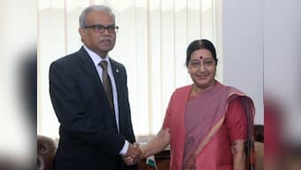 Maldivian Foreign Minister Mohamed Asim meets Sushma Swaraj on his first official visit abroad