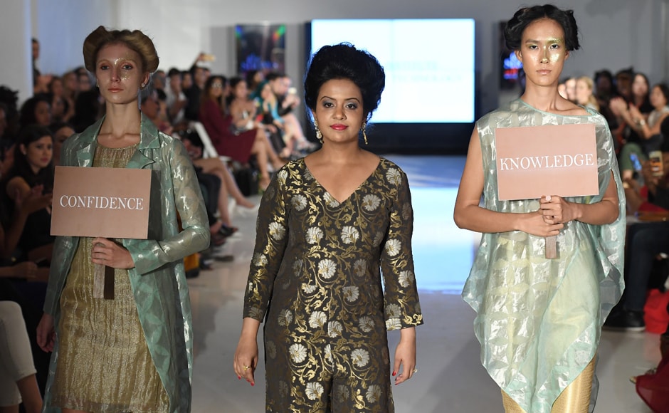 Amruta Fadnavis walks the runway with models during the Chasa IDT at the New York Fashion Week at Space 404. AFP Amruta Fadnavis walks the runway with models during the Chasa IDT at the New York Fashion Week at Space 404. AFP