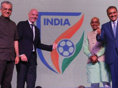 Fifa president Gianni Infantino unveiling the new AIFF logo. Twitter/ Indian Football