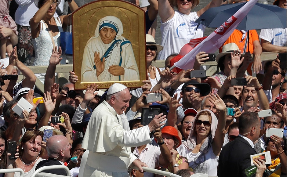 Declaring Mother Teresa a saint, Pope Francis makes her the model of his Jubilee Year of Mercy and in some ways his entire papacy. The Pope passes in front a portrait of Mother Teresa at the end of the canonization ceremony in St. Peter's Square at the Vatican. AP Declaring Mother Teresa a saint, Pope Francis makes her the model of his Jubilee Year of Mercy and in some ways his entire papacy. The Pope passes in front a portrait of Mother Teresa at the end of the canonization ceremony in St. Peter's Square at the Vatican. AP