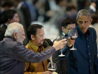 US President Barack Obama toasts with PM Narendra Modi at the gala dinner during the second day of the Asean Summit in Vientiane on Wednesday. AFP