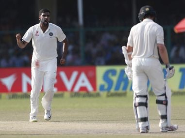 Ravichandran Ashwin celebrates taking a wicket against the Kiwis. AP