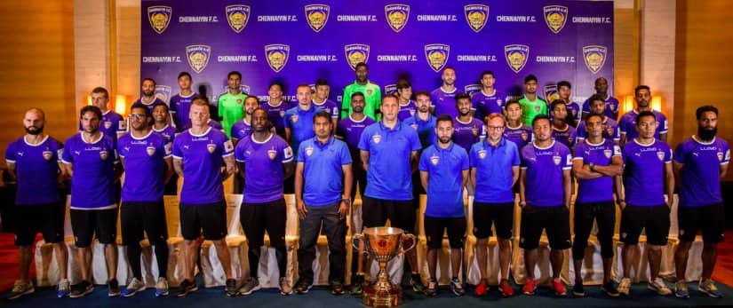 Chennaiyin FC players at the unveiling of their team for the third season.