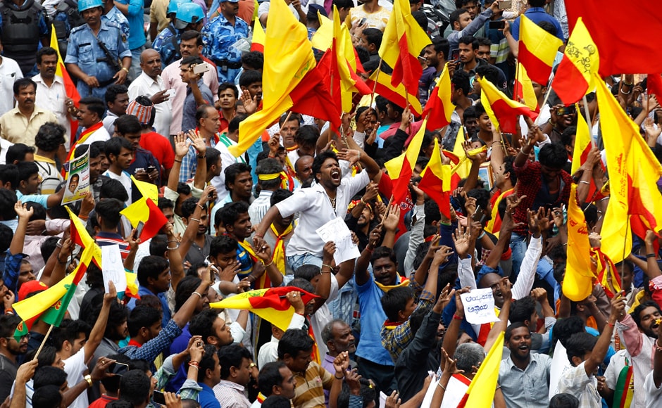 Members of various pro-Kannada organisations in Bangalore assembled to protest against this directive. AP Members of various pro-Kannada organisations in Bangalore assembled to protest against this directive. AP
