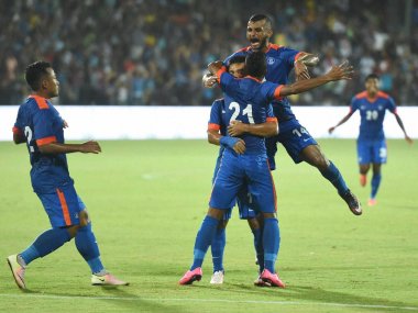 India celebrate scoring their first goal against Puerto Rico. PTI