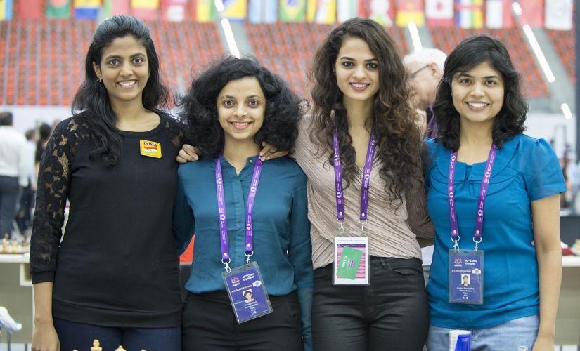 The Indian Women Team at Baku. From Left to Right: Dronavalli Harika, Padmini Rout, Tania Sachdev and Soumya Swaminathan. Image Courtesy - David Llada